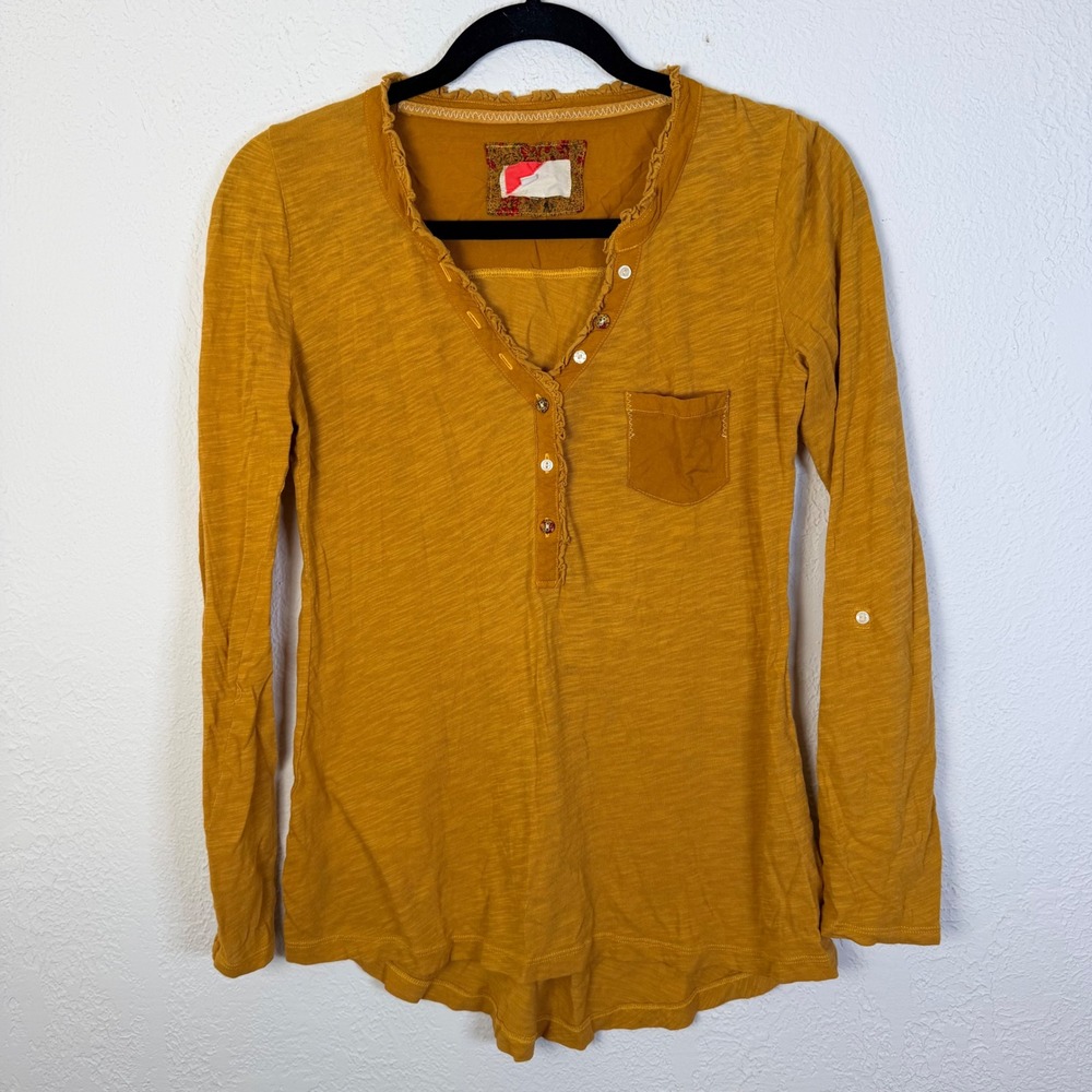 Anthropology Women's XS Mustard Henley Long Sleeve Smocked Back Top Boho